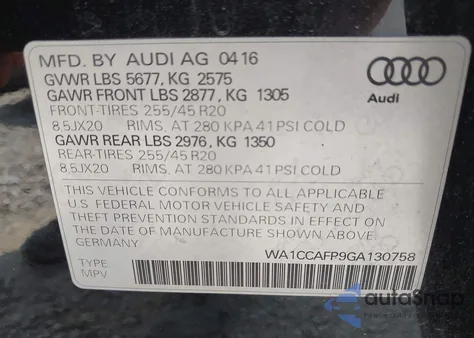 2016 Audi Sq5 3.0T Premium Plus из США, поврежденный, VIN WA1CCAFP9GA130758
